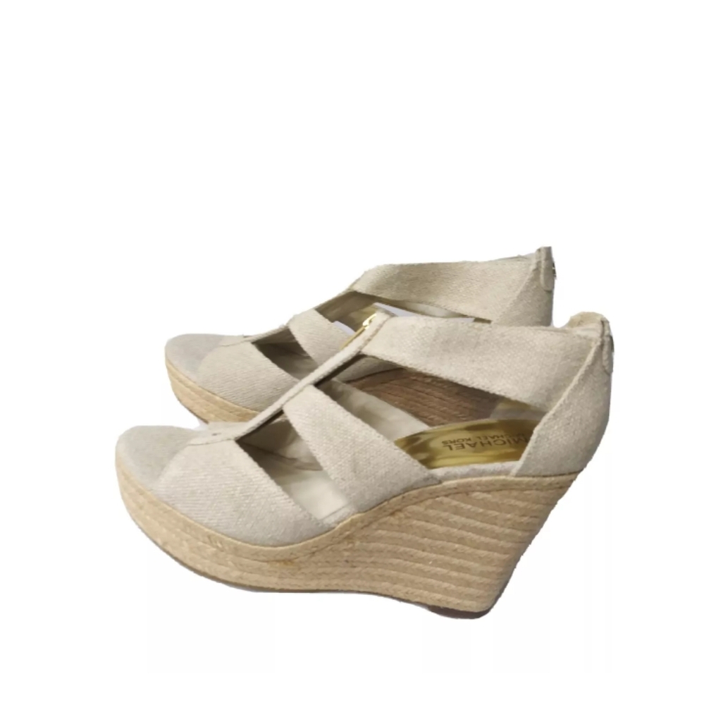Michael Kors Damita Wedge Shoes Size 9.5M Khaki Heels Gold Zip Accent - Picture 4 of 11